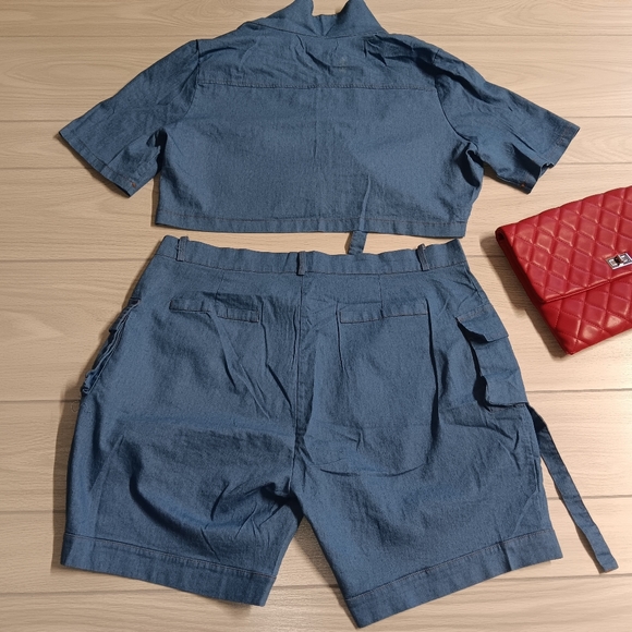 Casual Pocket Stretch Denim Plus Size Short Sleeve Crop Top Shorts Two-Piece - Picture 13 of 15